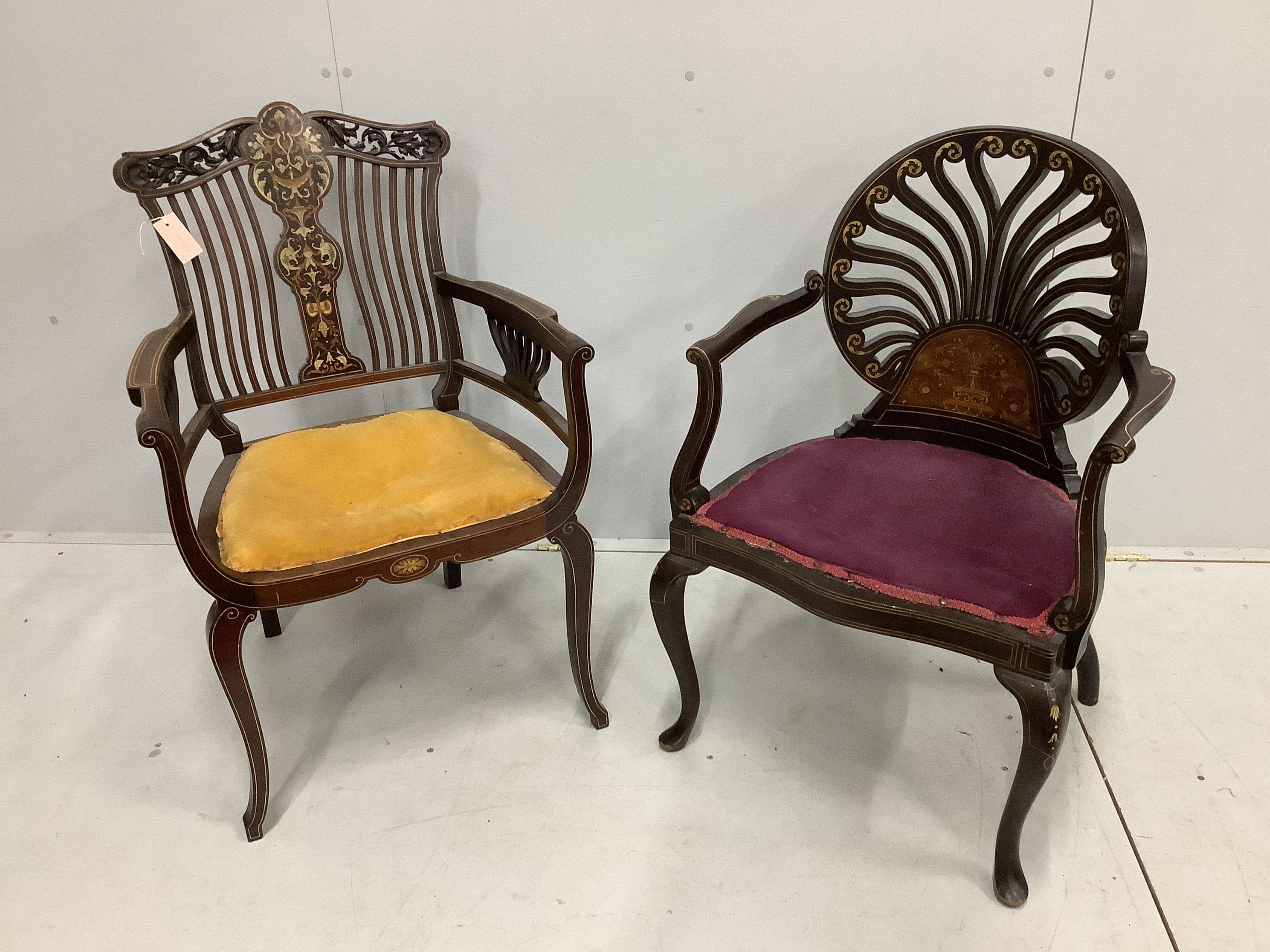 Two Edwardian inlaid mahogany elbow chairs, larger width 58cm, height 92cm. Condition - fair